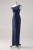 Navy Sheath One Shoulder Beaded Formal Dress