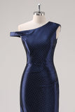 Navy Sheath One Shoulder Beaded Formal Dress