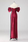 Sparkly Burgundy Off The Shoulder Formal Dress with Slit