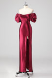 Sparkly Burgundy Off The Shoulder Formal Dress with Slit