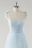 A-Line Bow Tie Straps Sky Blue Tulle Long Bridesmaid Dress