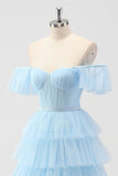 Sky Blue Off The Shoulder Tiered Corset A Line Bridesmaid Dress