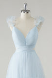 Sky Blue A-Line Ruffles Straps V-Neck Tulle Long Bridesmaid Dress