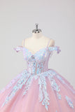 Princess Blush Pink Off the Shoulder Sequined Rhinestones Tulle Quinceanera Dress with Bow