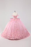 Princess Blush Pink Ball Gown Off the Shoulder Beaded Butterfly Tulle Quinceanera Dress with Bow