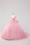 Princess Blush Pink Ball Gown Off the Shoulder Beaded Butterfly Tulle Quinceanera Dress with Bow