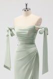 Sage Green Off The Shoulder Mermaid Ruched Long Bridesmaid Dress