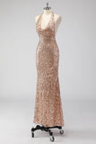 Glitter Champagne Mermaid Halter Open Back Long Prom Dress with Sequins