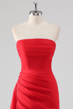 Red Ruched Sheath Formal Dress with Slit