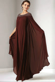 Burgundy Chiffon Round Neck Beaded Long Mother of the Bride Dress with Wrap