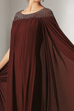 Burgundy Chiffon Round Neck Beaded Long Mother of the Bride Dress with Wrap