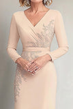 Beige Sheath V-neck Long Sleeves Mother of the Bride Dress with Appliques