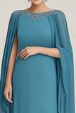 Blue Chiffon Boat Neck Long Mother Of The Bride Dress with Wrap