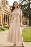 Champagne A Line Two Piece Plus Size Mother Of The Bride Dress with Long Sleeve