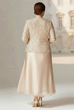 Champagne A Line Two Piece Plus Size Mother Of The Bride Dress with Long Sleeve