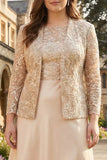 Champagne A Line Two Piece Plus Size Mother Of The Bride Dress with Long Sleeve