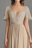 Champagne V Neck Appliques A Line Pleated Mother of the Bride Dress