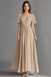 Champagne V Neck Appliques A Line Pleated Mother of the Bride Dress