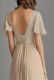 Champagne V Neck Appliques A Line Pleated Mother of the Bride Dress