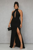 Black Mermaid Halter Keyhole Plus Size Satin Formal Dress with Slit