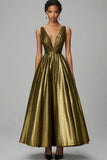 Sparkly Dark Gold A-Line V Neck Ruched Ankle Length Formal Dress