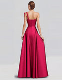 Fuchsia A Line One Shoulder Bow Satin Long Formal Dress