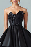 Sparkly Black Hi-Low A-Line Strapless 3D Flowers Ruffle Satin Formal Dress