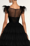 Black A-Line Flatter Sleeves Ruffles Tulle Tea Length Formal Dress