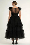 Black A-Line Flatter Sleeves Ruffled Tulle Plus Size Midi Formal Dress