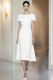 Fitted White Short Sleeves Straight Pencil Midi Formal Dress