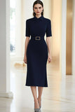 Navy Polo Collar Mediumsleeves Midi Formal Dress