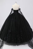 Black Ball Gown Off the Shoulder Tulle Quinceanera Dress with 3D Flowers