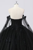 Black Ball Gown Off the Shoulder Tulle Quinceanera Dress with 3D Flowers