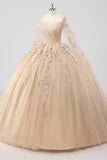 Princess Champagne Off the Shoulder Cape Sleeves Tulle Quinceanera Dress with Appliques