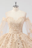 Princess Champagne Off the Shoulder Cape Sleeves Tulle Quinceanera Dress with Appliques