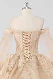 Princess Champagne Off the Shoulder Cape Sleeves Tulle Quinceanera Dress with Appliques