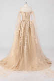 Princess Champagne Off the Shoulder Cape Sleeves Tulle Quinceanera Dress with Appliques