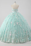 Princess Mint Ball Gown Strapless Tulle Quinceanera Dress with 3D Flowers