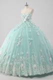 Princess Mint Ball Gown Strapless Tulle Quinceanera Dress with 3D Flowers