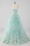 Princess Mint Ball Gown Strapless Tulle Quinceanera Dress with 3D Flowers