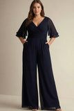 Navy Plus Size Chiffon V-Neck Half Sleeves Mother of the Bride Jumpsuits