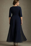 Navy A-Line V-Neck Chiffon Plus Size Mother of the Bride Dress with Appliques