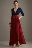 Navy and Red V-neck A-Line Chiffon Mother of the Bride Dress