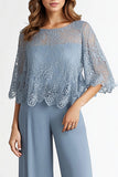 Boat Neck Grey Blue Chiffon 1/2 Sleeves Loose Mother Dress with Lace Upper