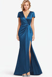 Mermaid V-Neck Blue Ruched Sleeves Full Length Mother Dress with Slit