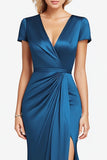 Mermaid V-Neck Blue Ruched Sleeves Full Length Mother Dress with Slit