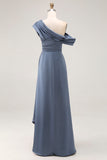 Sheath Plus Size Grey Blue One Shoulder Ruched Satin Mother of the Bride Dress
