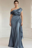 Sheath Plus Size Grey Blue One Shoulder Ruched Satin Mother of the Bride Dress