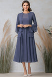 Elegant Grey Blue A Line Two-Piece Set Mother Dress