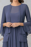 Elegant Grey Blue A Line Two-Piece Set Mother Dress